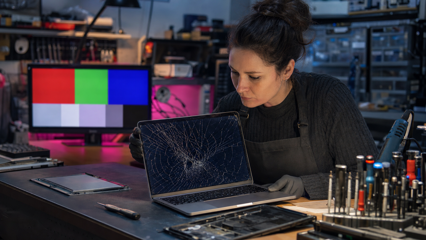 Technicienne testant l'écran fissuré d'un ordinateur portable sur un établi d'atelier avec écran de diagnostic pixel affiché