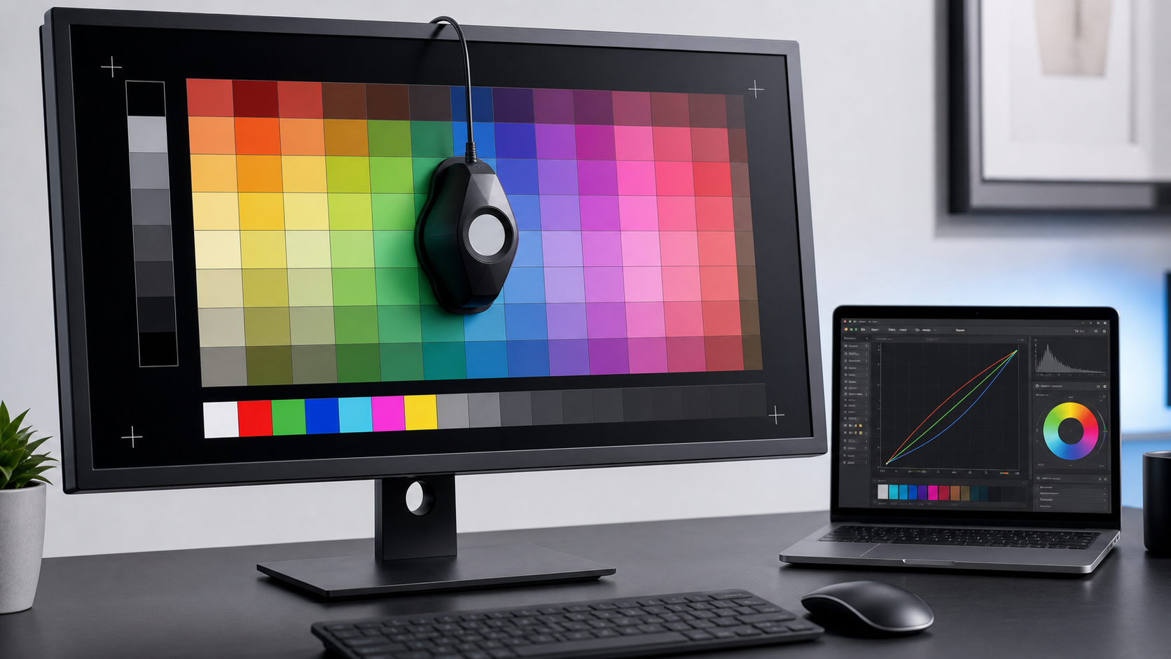 Calibration colorimétrique d'un moniteur avec une sonde colorimétrique posée sur l'écran, mire de couleurs affichée