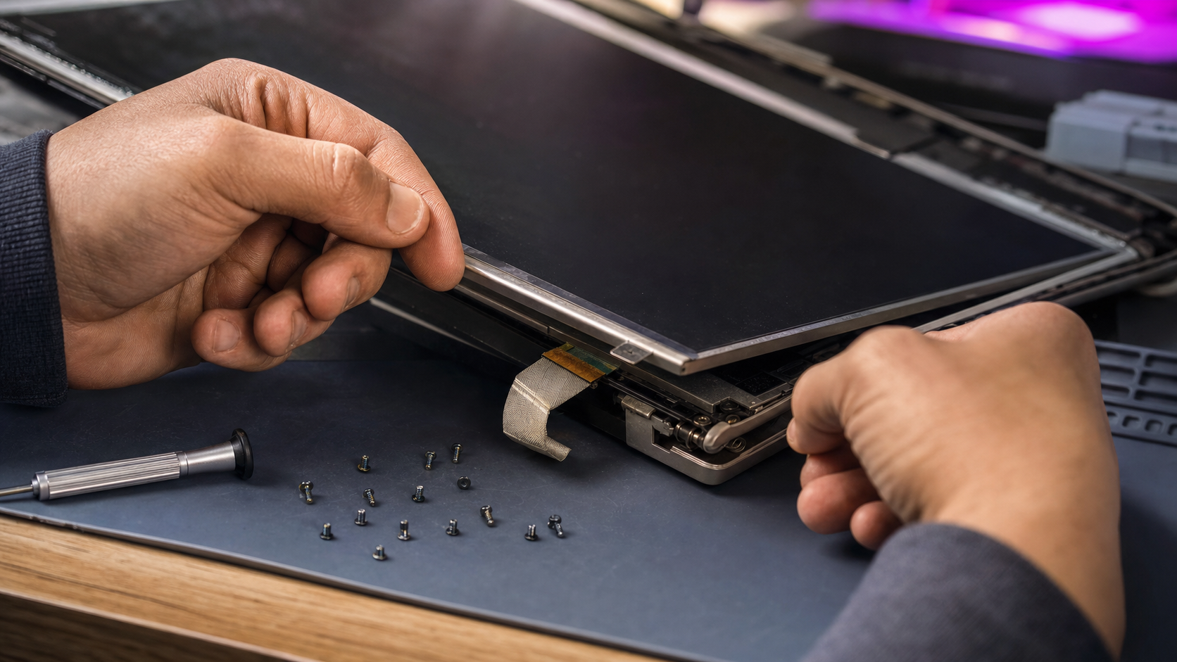 Remplacement d'une dalle LCD sur un ordinateur portable ouvert, nappe vidéo et tournevis de précision sur l'établi